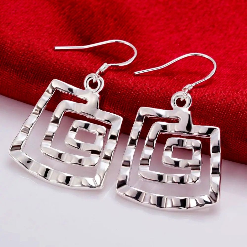 Gorgeous Sterling Silver Square Geometric Hanging Earrings